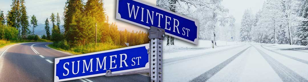 Summer to Winter Street Sign Conceptual Image showing summery and wintery roads